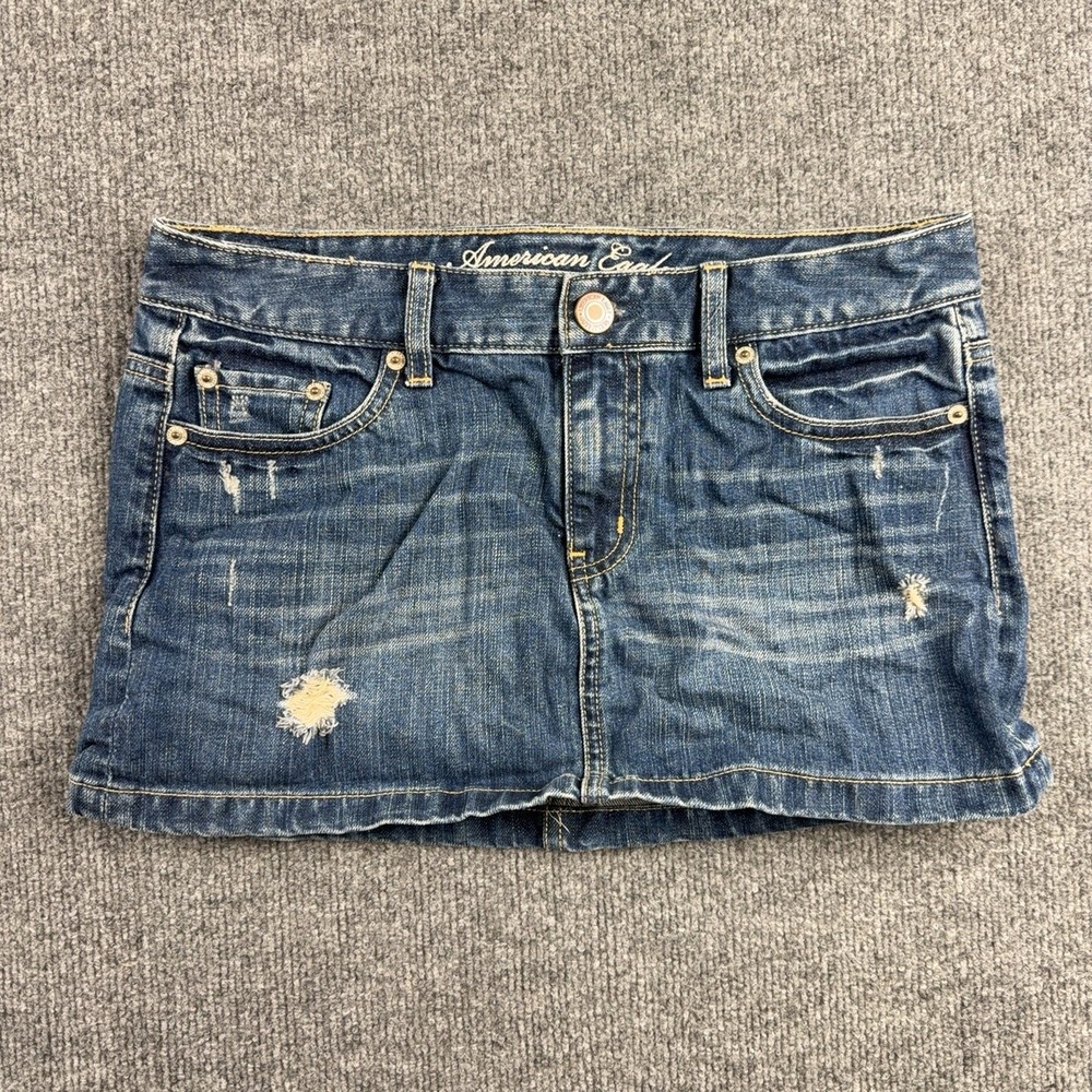 Y2k American Eagle Skirt Womens 32 Blue Denim Distressed Mini 5 Pocket Casual